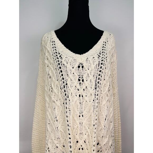 Free People Oversized Ivory Knit Sweater Slouchy V Neck, 100% Cotton - Picture 4 of 11
